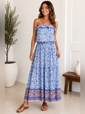 Saints & Hearts Strapless Floral Boho Maxi Dress Resort Beach Vacation L XL
